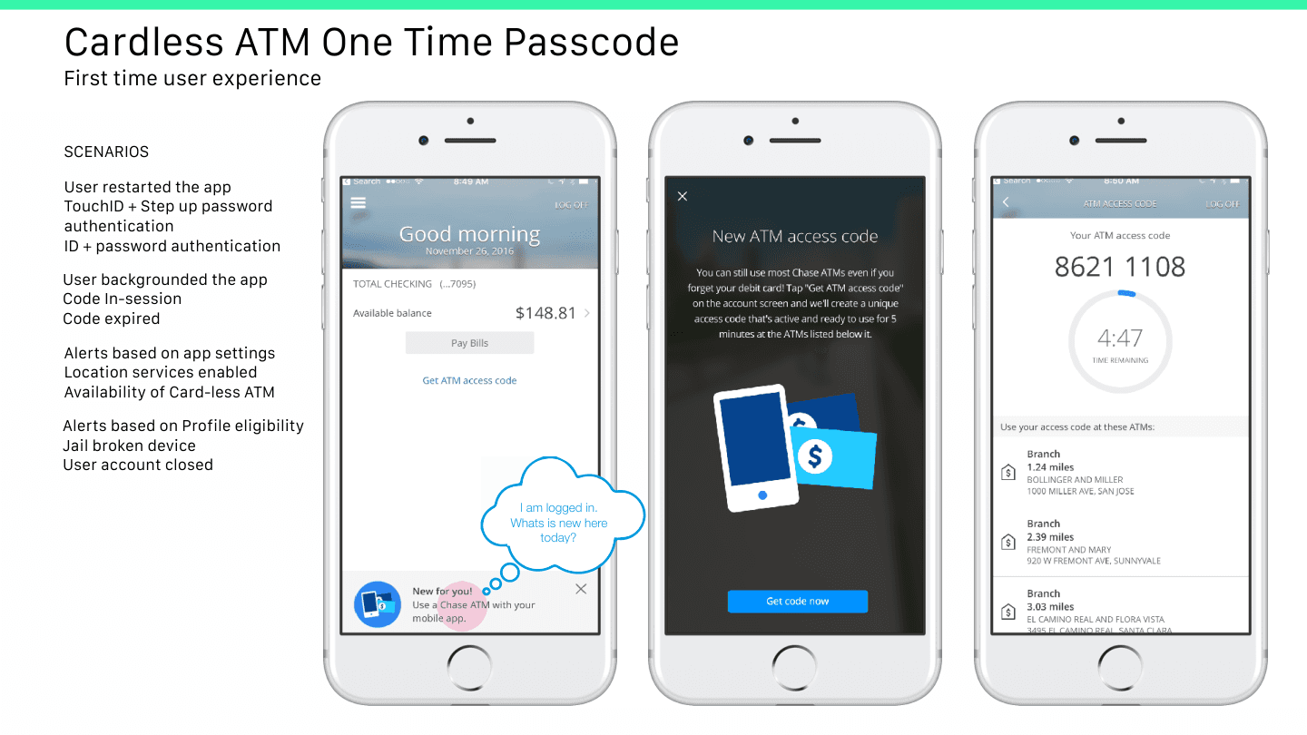 Chase ATM OTP — First time user experience feature flow